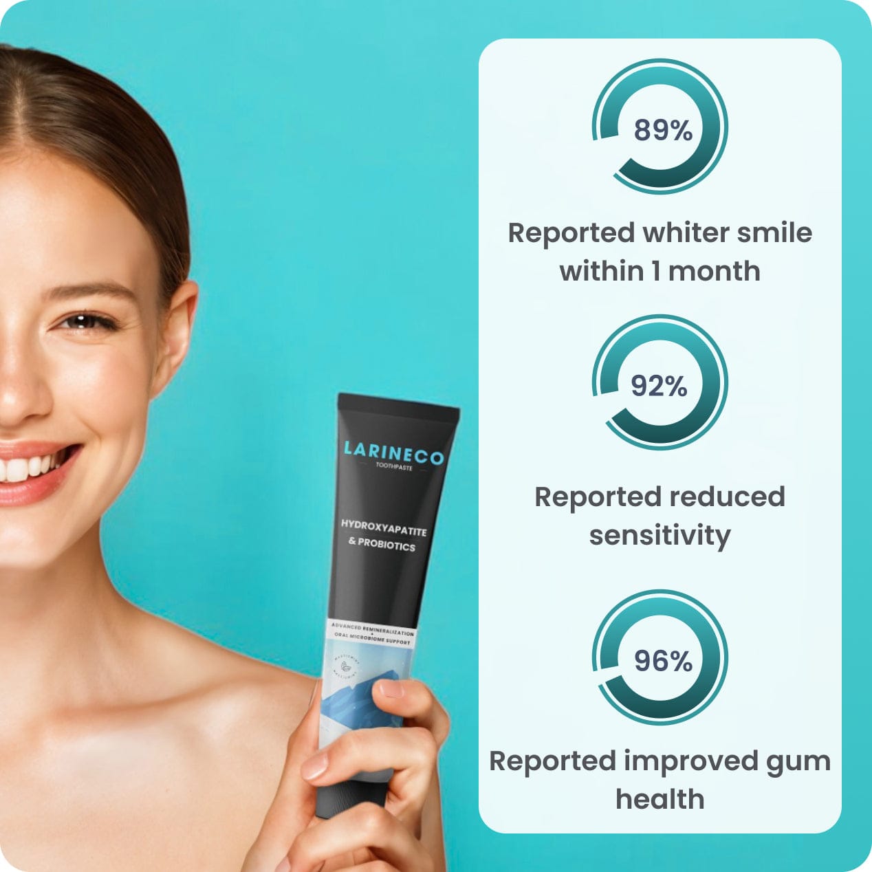 Woman holding toothpaste, smiling, with statistic bubbles.