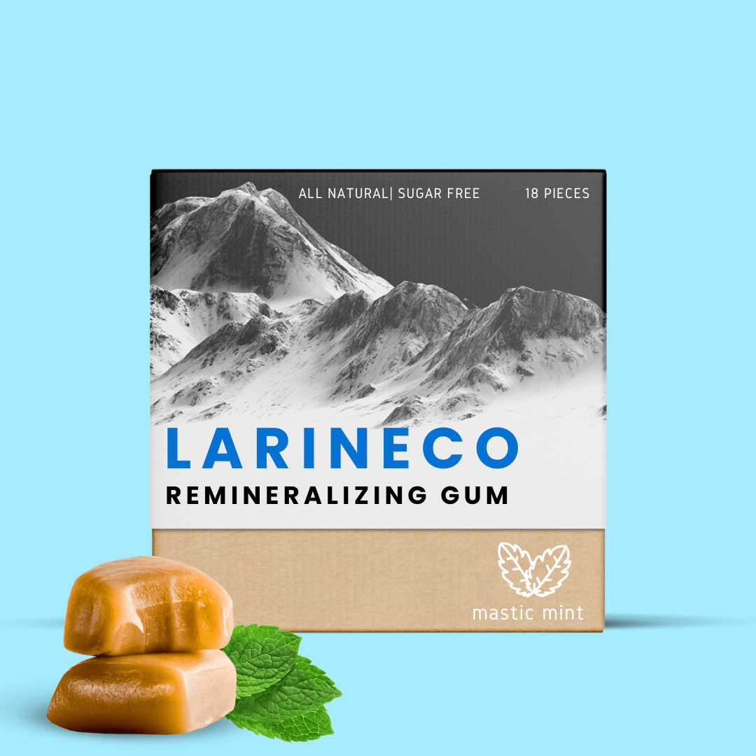 Larineco Remineralizing Gum (45_dfd9) with mastic mint and mountain image.