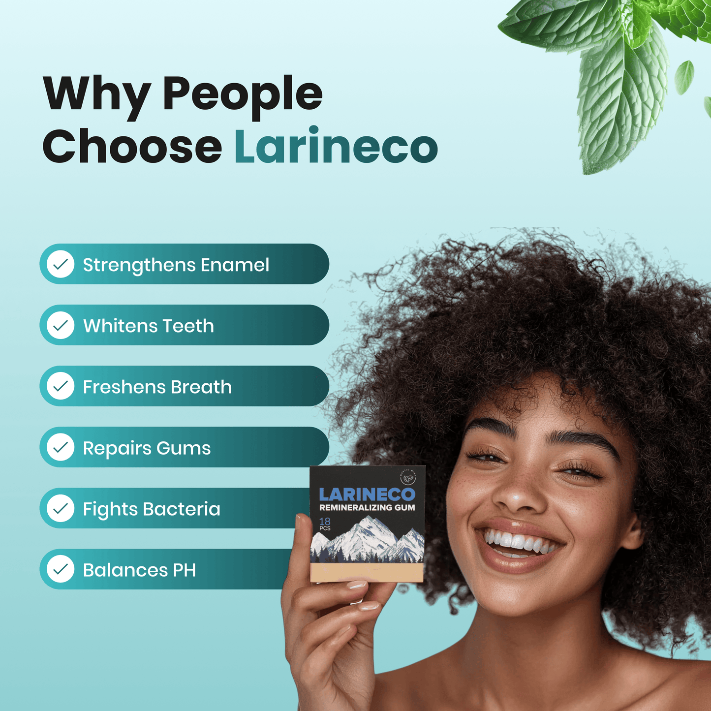 Woman holding gum box with text about benefits.