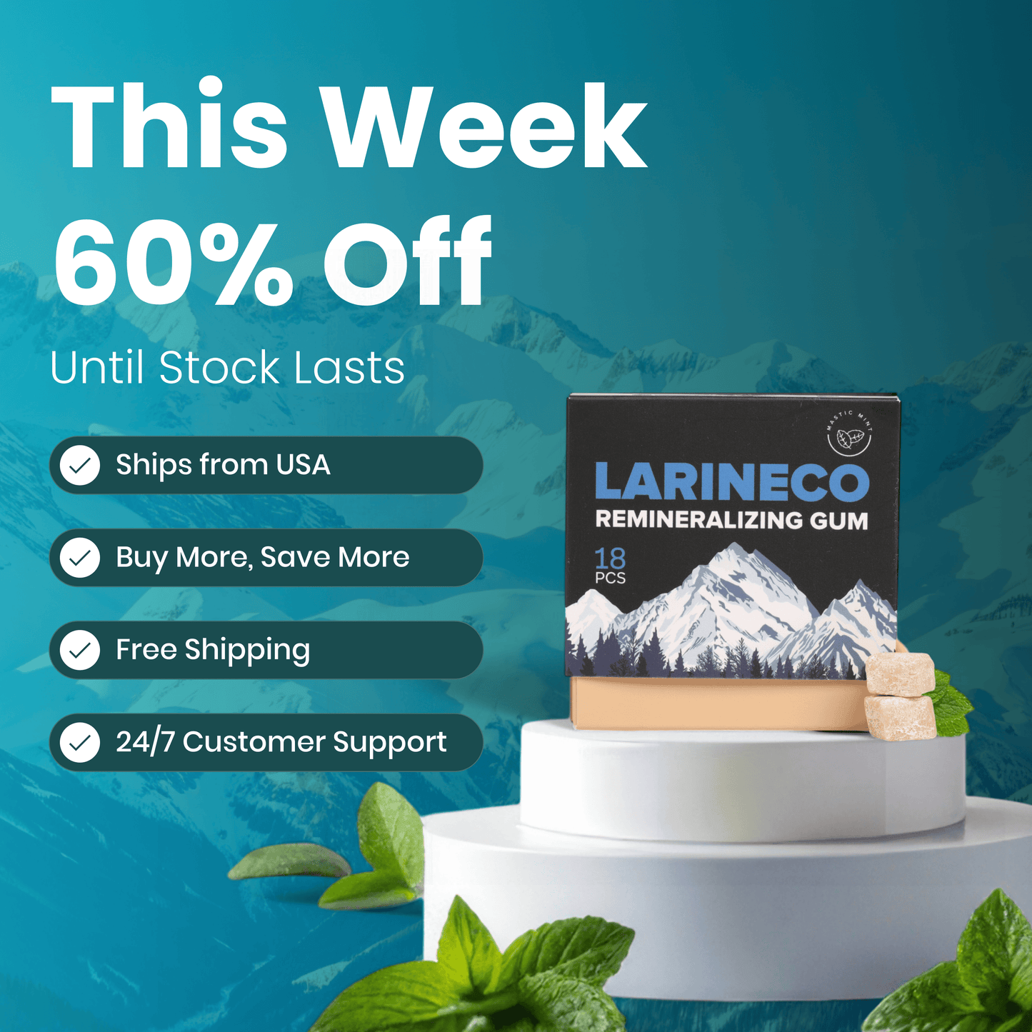 Box of gum on a pedestal with text and mountain background.