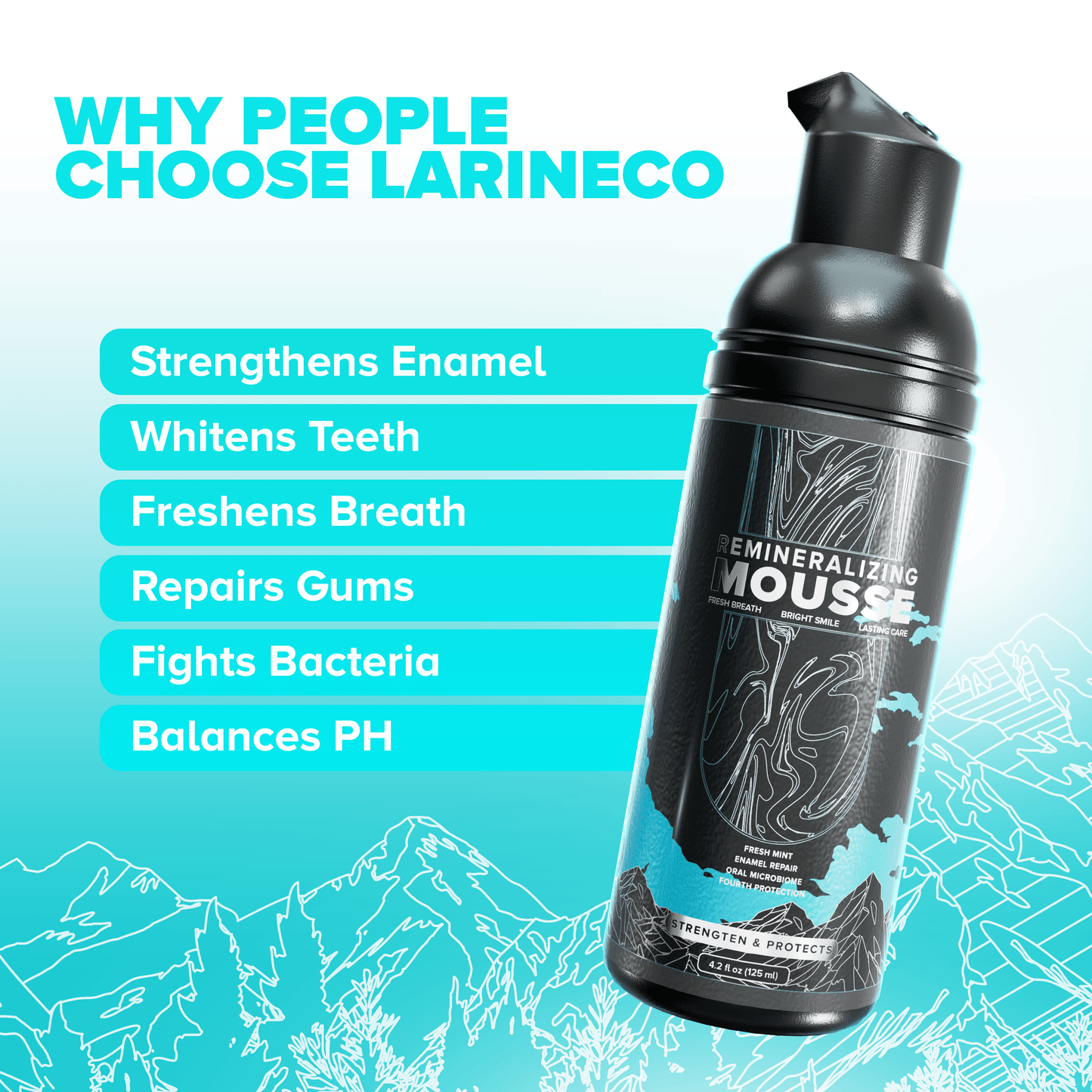 Strengthens enamel, whitens teeth, freshens breath.
