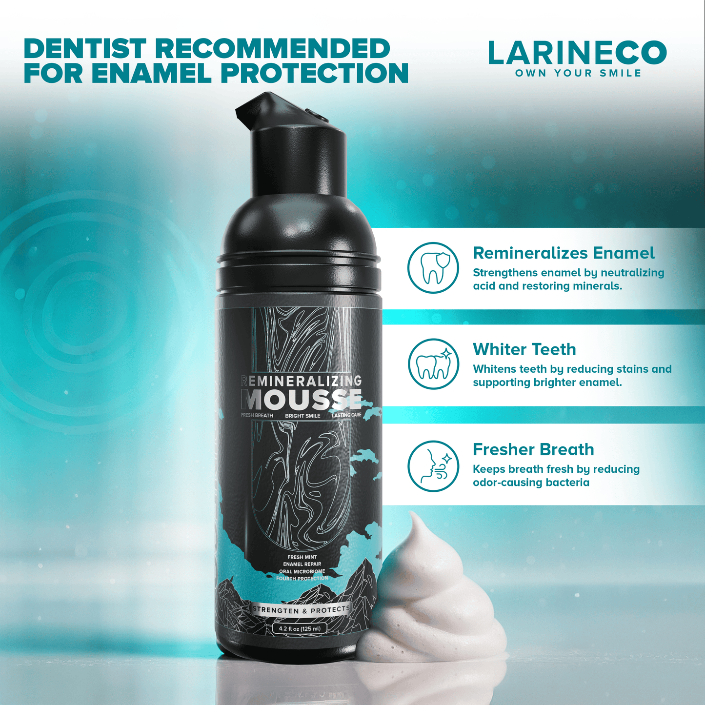 Larineco Mousse for enamel protection, whiter teeth, fresher breath.