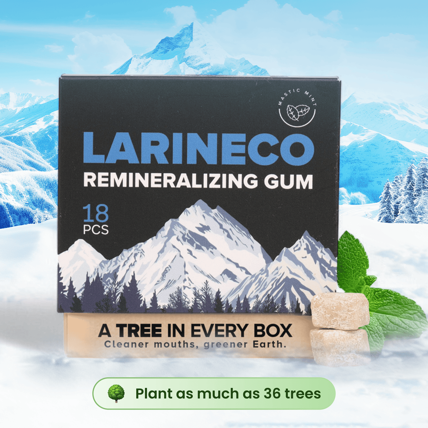 LARINECO remineralizing gum box with mountain scene